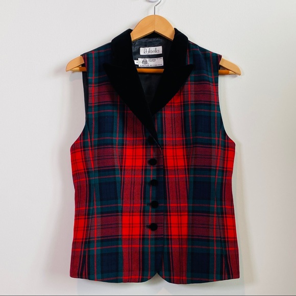 Vintage Red Tartan Plaid Vest with Velvet Lapel Size 8 - Picture 3 of 9